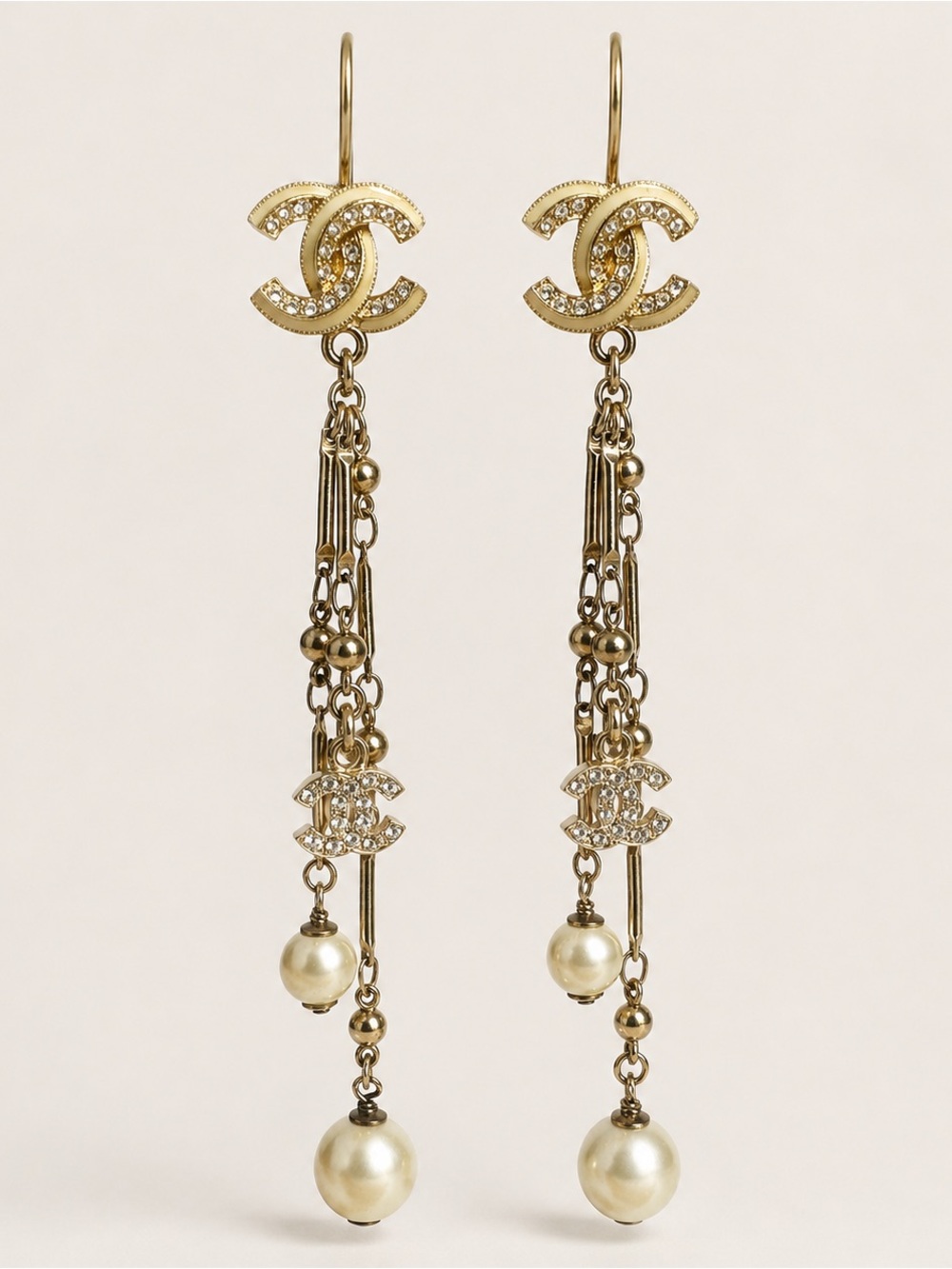 CHANEL 11C Enamel Crystal CC Pearl Chandelier Drop Earrings Rare